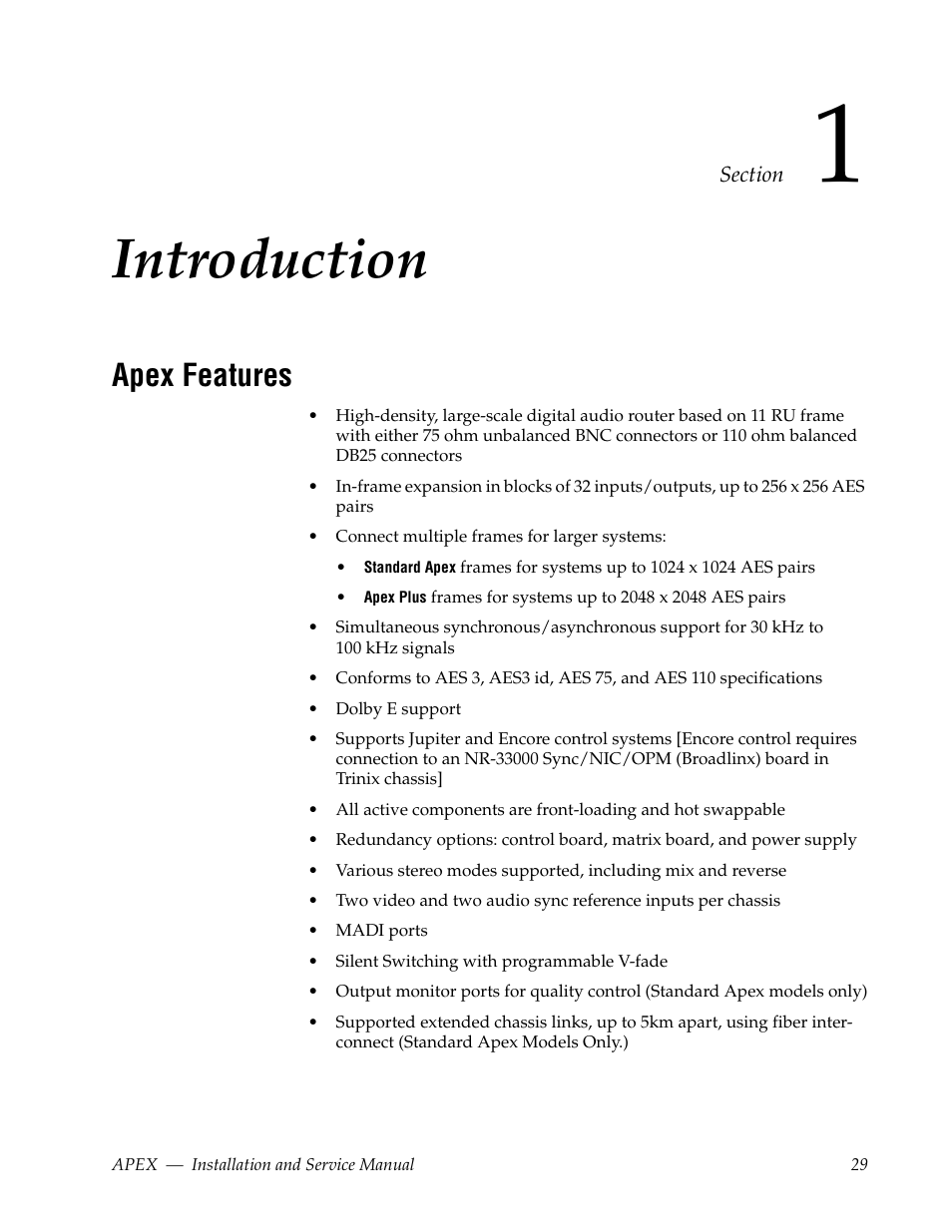 Introduction, Apex features, Section 1 — introduction | Grass Valley Apex v.2.0 User Manual | Page 27 / 134