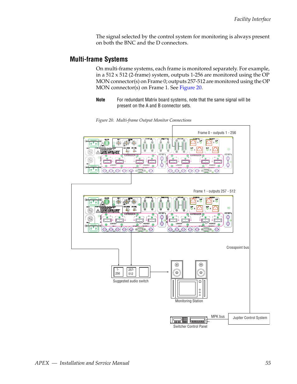 Multi-frame systems, Figure 20. multi-frame output monitor connections, Crosspoint bus mpk bus | Grass Valley Apex v.2.0 User Manual | Page 53 / 134