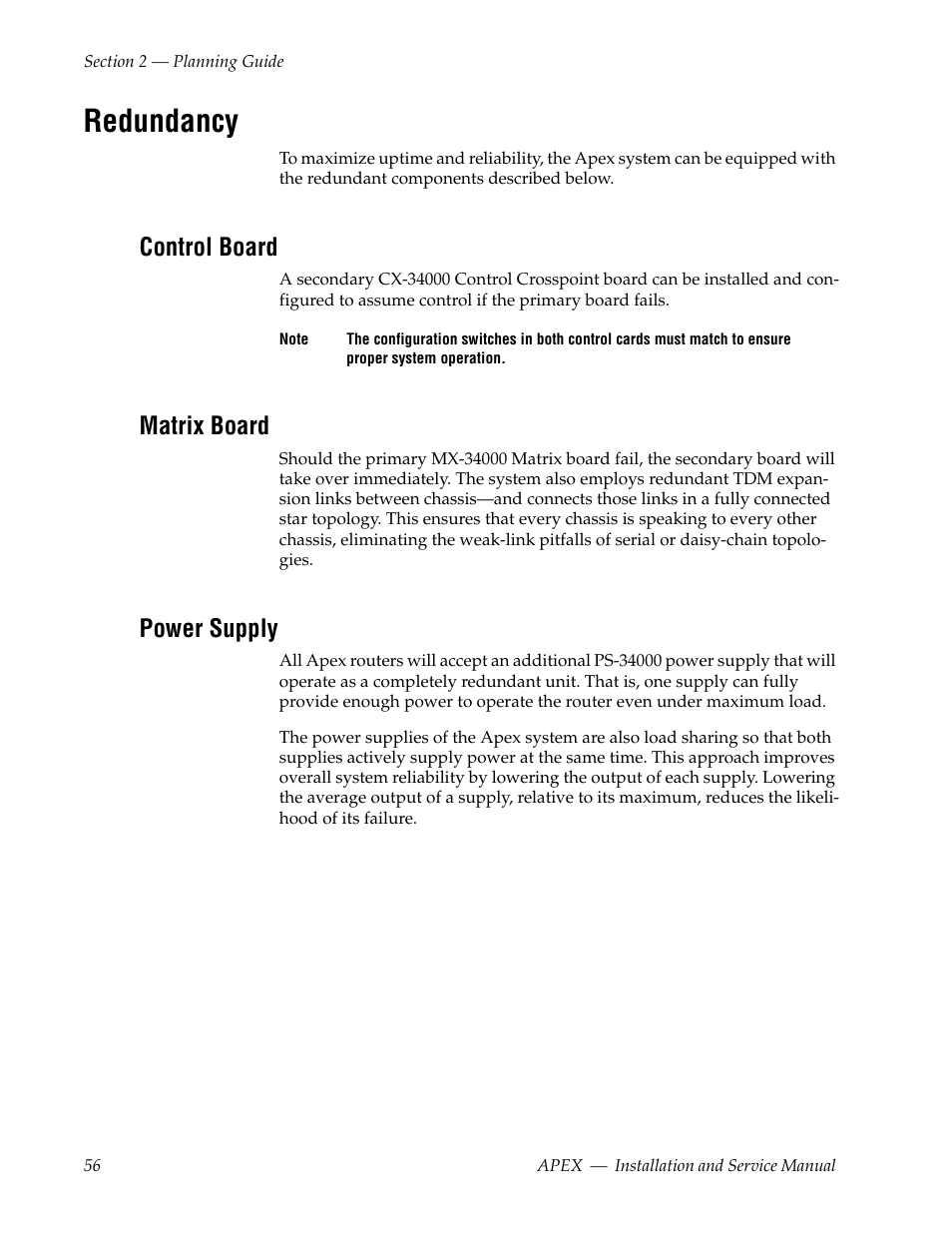 Redundancy, Control board, Matrix board | Power supply | Grass Valley Apex v.2.0 User Manual | Page 54 / 134