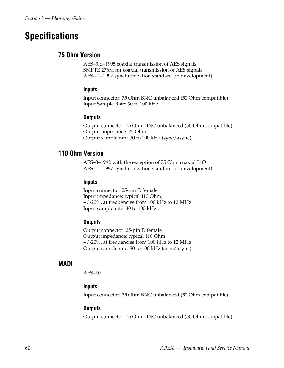 Specifications, 75 ohm version, 110 ohm version | Madi | Grass Valley Apex v.2.0 User Manual | Page 60 / 134