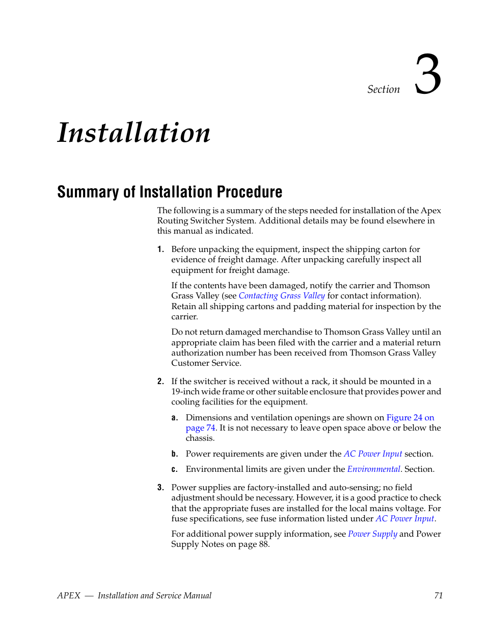 Installation, Summary of installation procedure, Section 3 — installation | Section 3-installation for installation i, Section 3-installation | Grass Valley Apex v.2.0 User Manual | Page 69 / 134