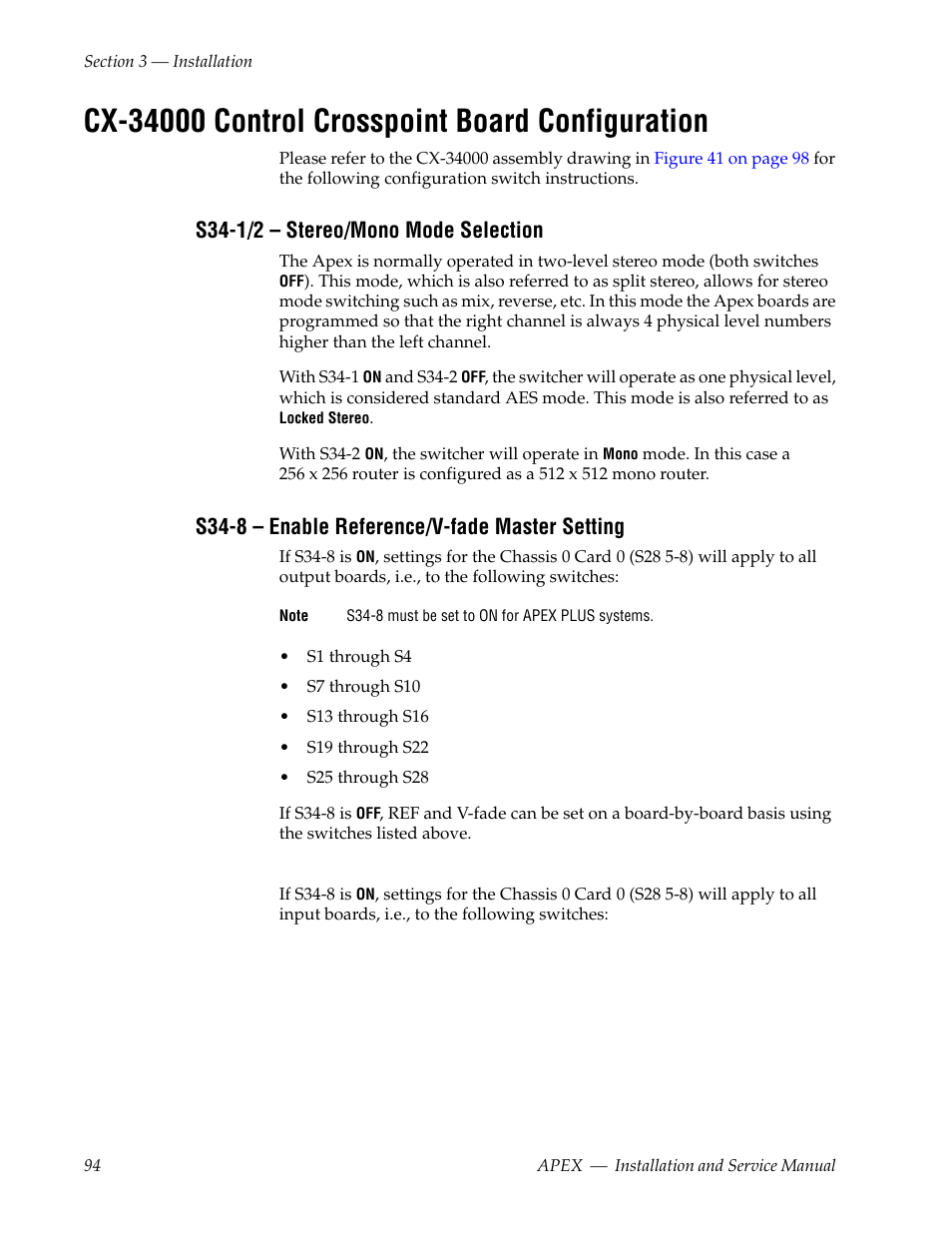 Cx-34000 control crosspoint board configuration, S34-1/2 – stereo/mono mode selection, S34-8 – enable reference/v-fade master setting | Grass Valley Apex v.2.0 User Manual | Page 92 / 134