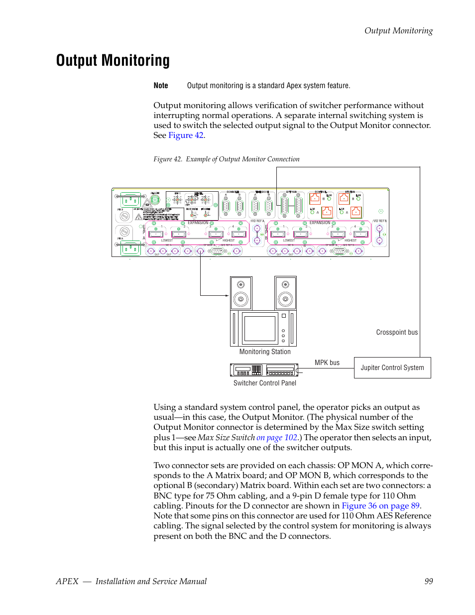 Output monitoring, Figure 42. example of output monitor connection, Jupiter control system switcher control panel | Crosspoint bus mpk bus monitoring station | Grass Valley Apex v.2.0 User Manual | Page 97 / 134