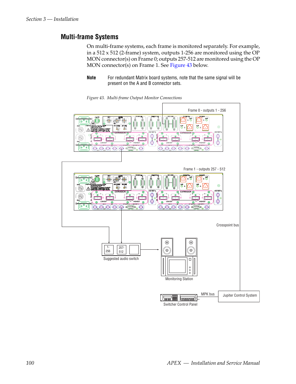 Multi-frame systems, Figure 43. multi-frame output monitor connections, Crosspoint bus mpk bus | Grass Valley Apex v.2.0 User Manual | Page 98 / 134