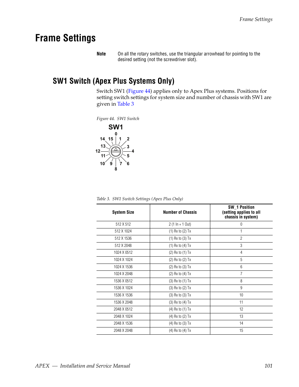Frame settings, Sw1 switch (apex plus systems only), Ge 10 | Grass Valley Apex v.2.0 User Manual | Page 99 / 134