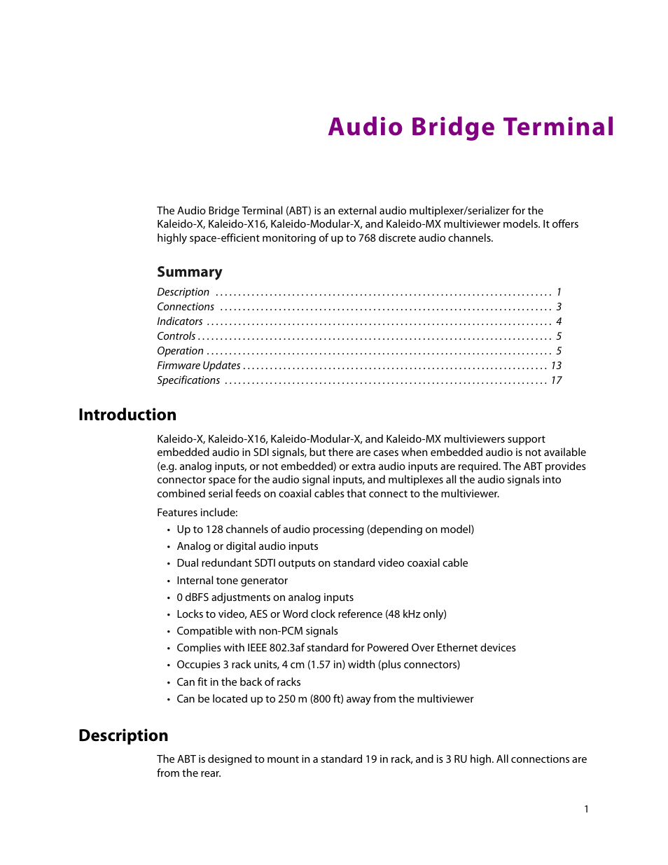 Audio bridge terminal, Introduction, Description | Grass Valley Audio Bridge Terminal 2014 User Manual | Page 11 / 29