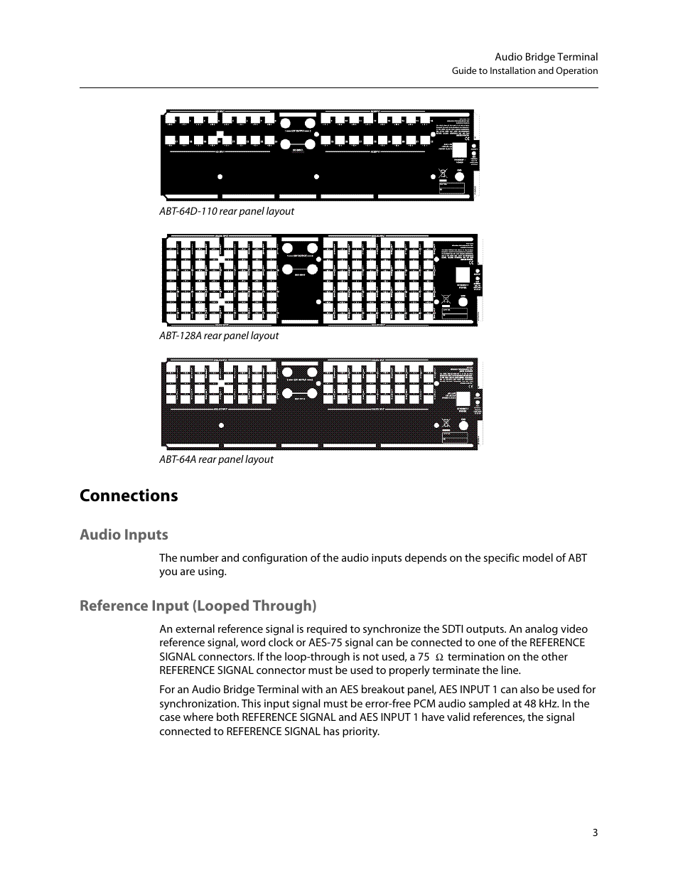 Connections, Audio inputs, Reference input (looped through) | Grass Valley Audio Bridge Terminal 2014 User Manual | Page 13 / 29