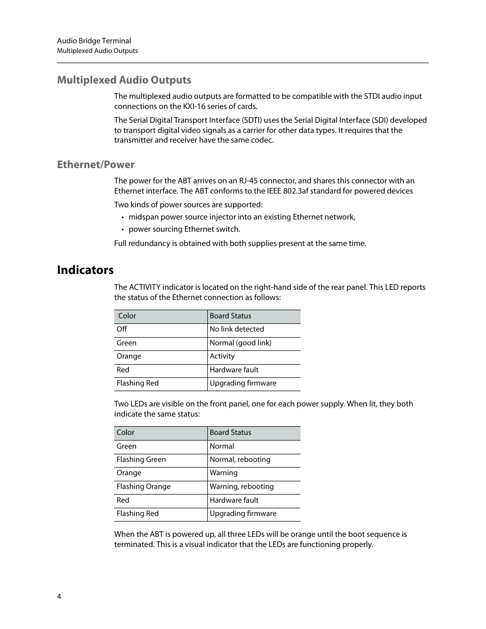Multiplexed audio outputs, Ethernet/power, Indicators | Grass Valley Audio Bridge Terminal 2014 User Manual | Page 14 / 29