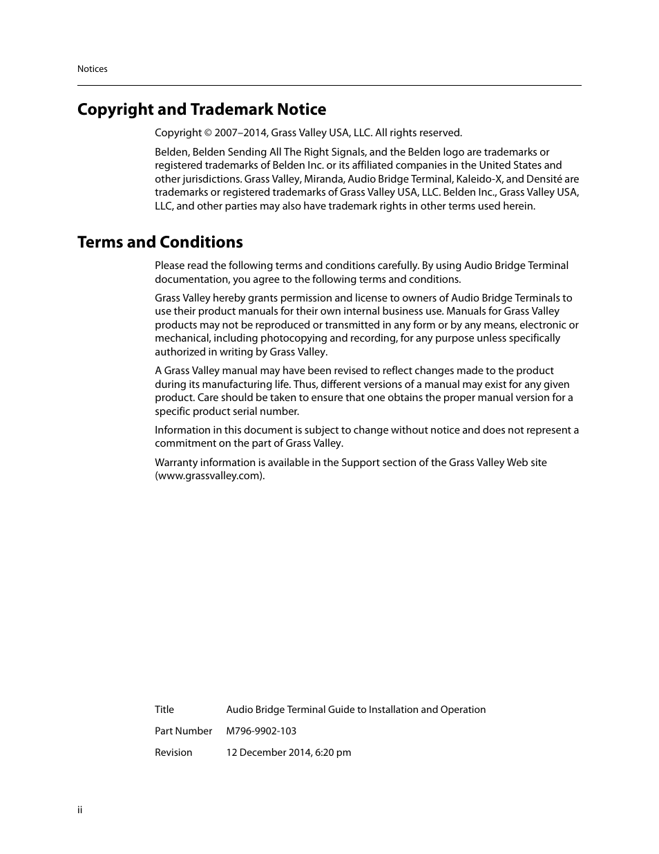 Copyright and trademark notice, Terms and conditions | Grass Valley Audio Bridge Terminal 2014 User Manual | Page 2 / 29