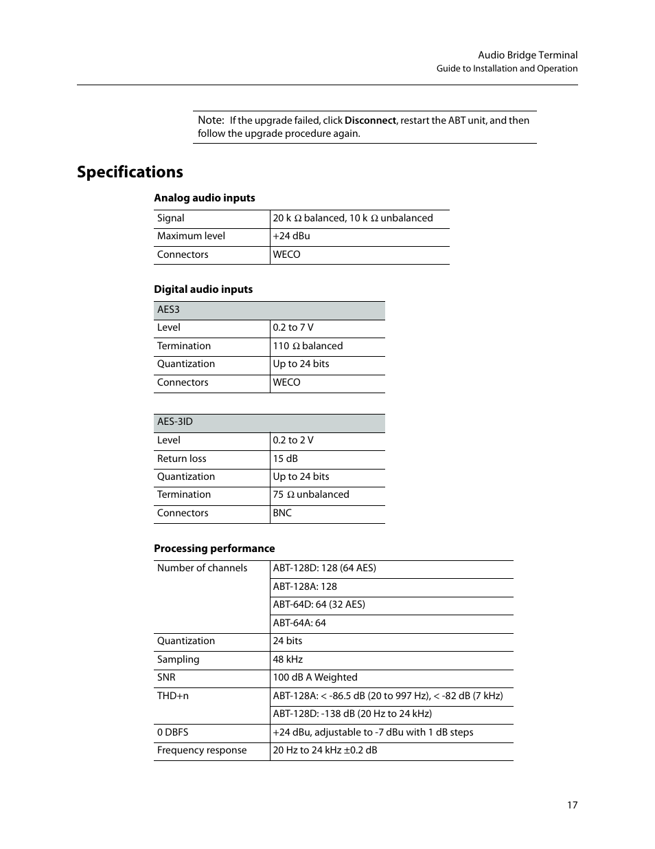Specifications | Grass Valley Audio Bridge Terminal 2014 User Manual | Page 27 / 29
