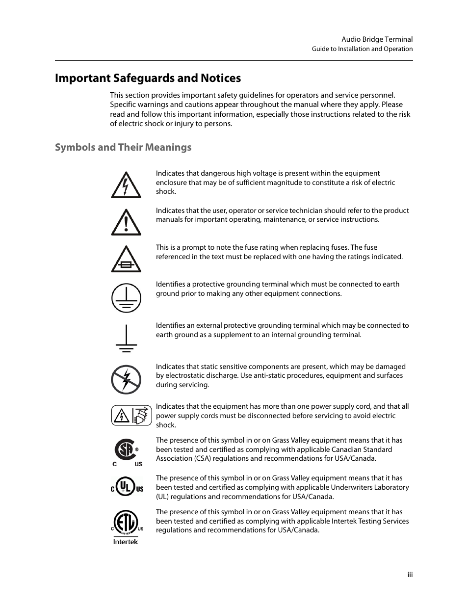 Important safeguards and notices, Symbols and their meanings | Grass Valley Audio Bridge Terminal 2014 User Manual | Page 3 / 29