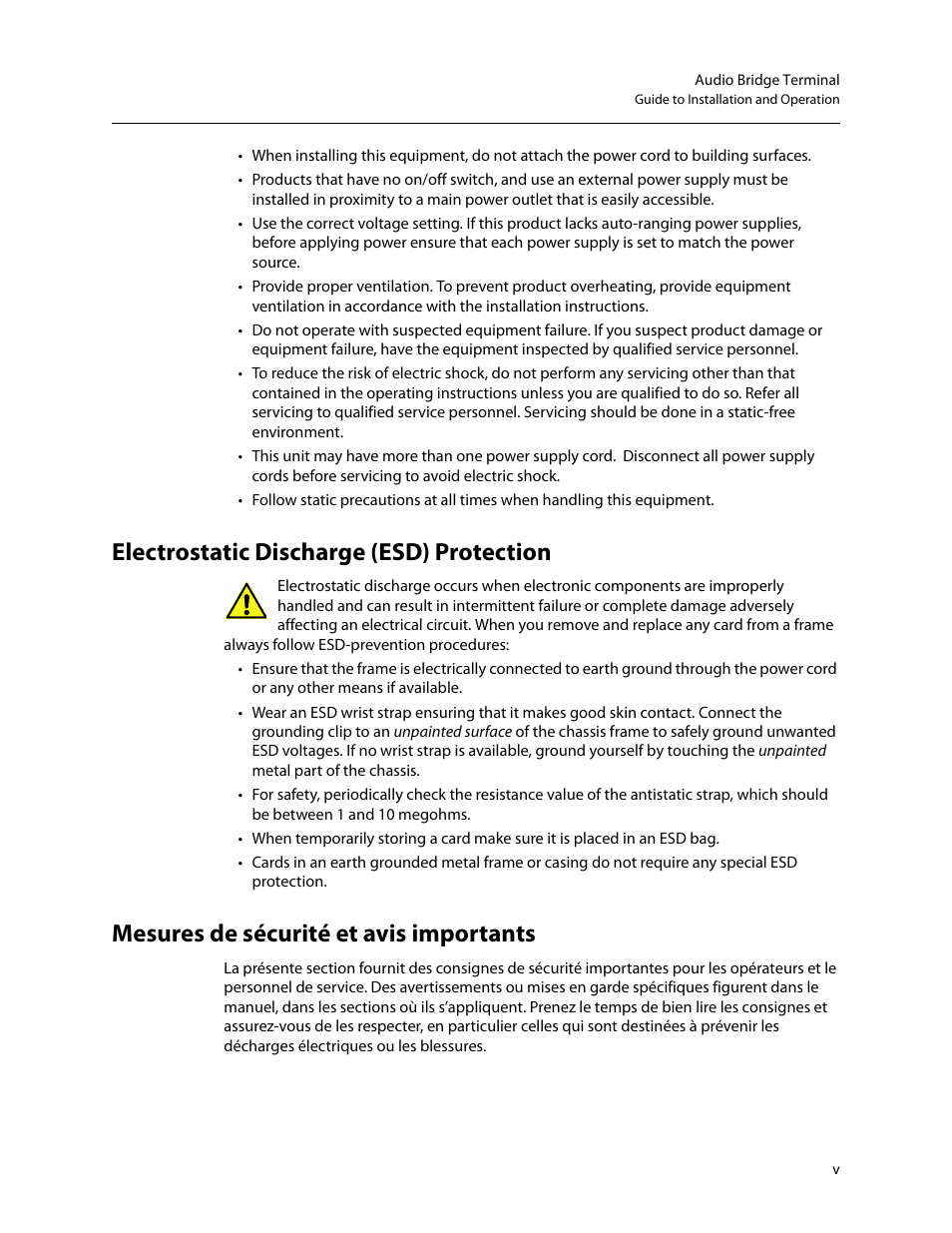 Electrostatic discharge (esd) protection, Mesures de sécurité et avis importants | Grass Valley Audio Bridge Terminal 2014 User Manual | Page 5 / 29