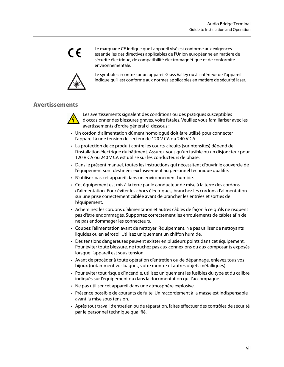 Avertissements | Grass Valley Audio Bridge Terminal 2014 User Manual | Page 7 / 29