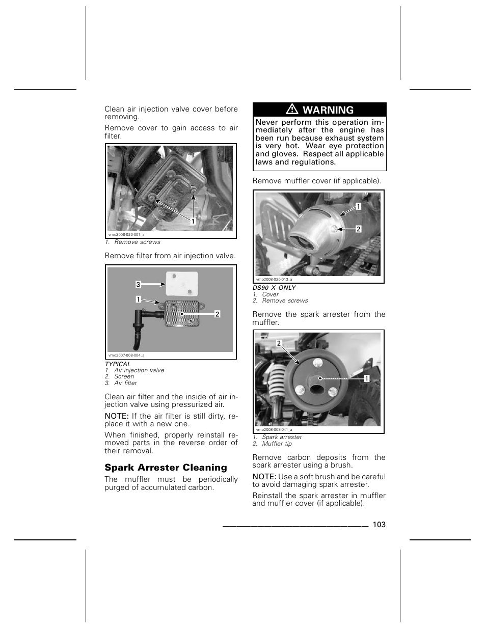 Spark arrester cleaning, Warning | BRP DS70 User Manual | Page 105 / 140