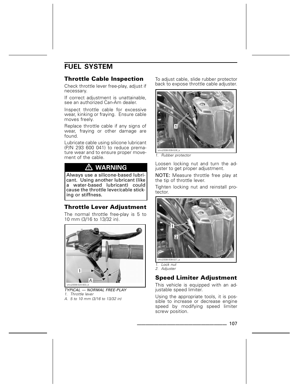 Fuel system, Throttle cable inspection, Throttle lever adjustment | Speed limiter adjustment, Warning | BRP DS70 User Manual | Page 109 / 140