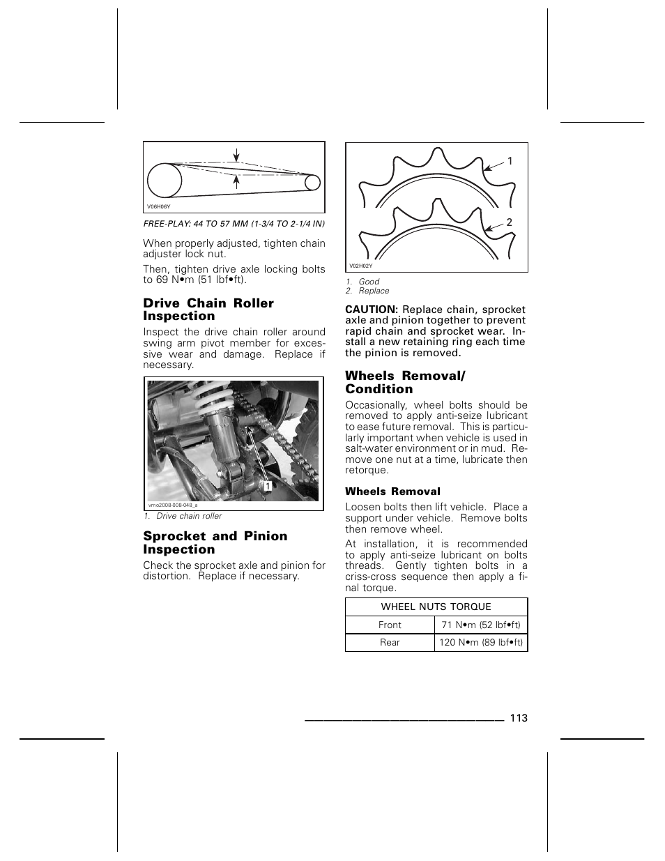 Drive chain roller inspection, Sprocket and pinion inspection, Wheels removal/ condition | Wheels removal | BRP DS70 User Manual | Page 115 / 140