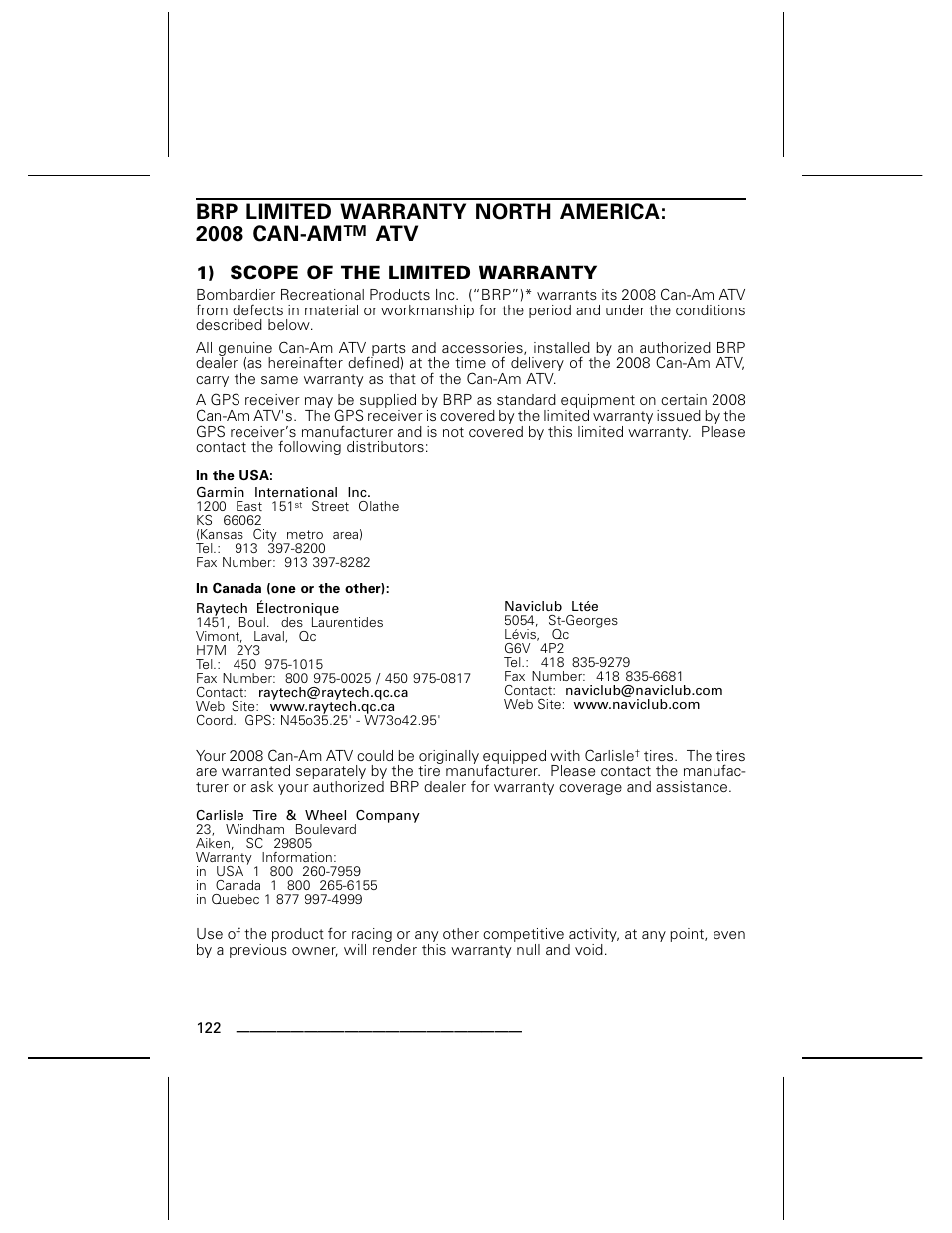 Brp limited warranty north america: 2008 can-am | BRP DS70 User Manual | Page 124 / 140