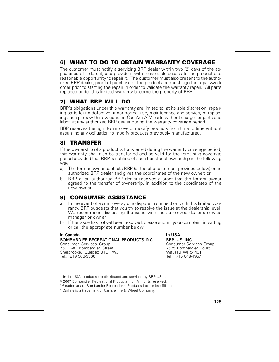 6) what to do to obtain warranty coverage, 7) what brp will do, 8) transfer | 9) consumer assistance | BRP DS70 User Manual | Page 127 / 140