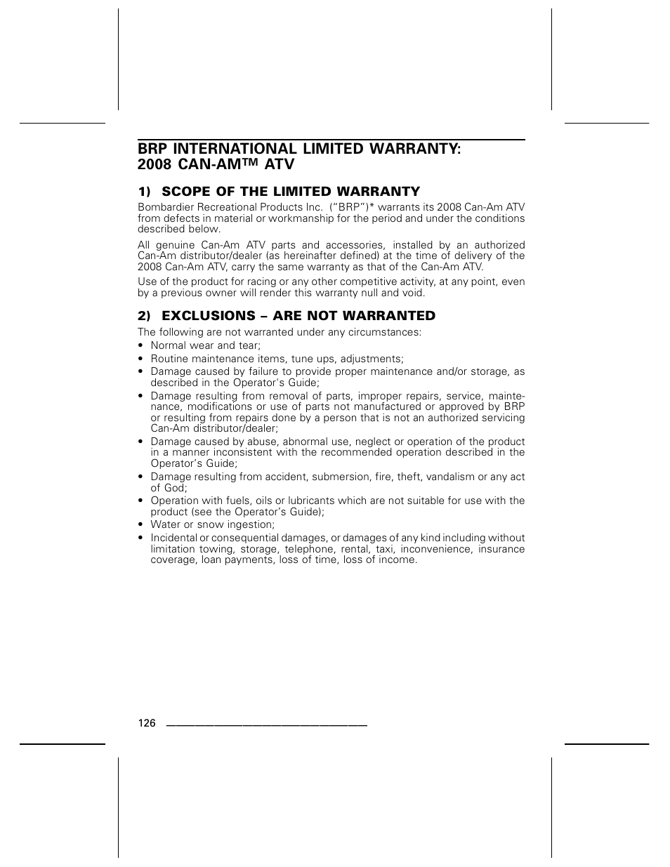 Brp international limited warranty: 2008 can-am | BRP DS70 User Manual | Page 128 / 140