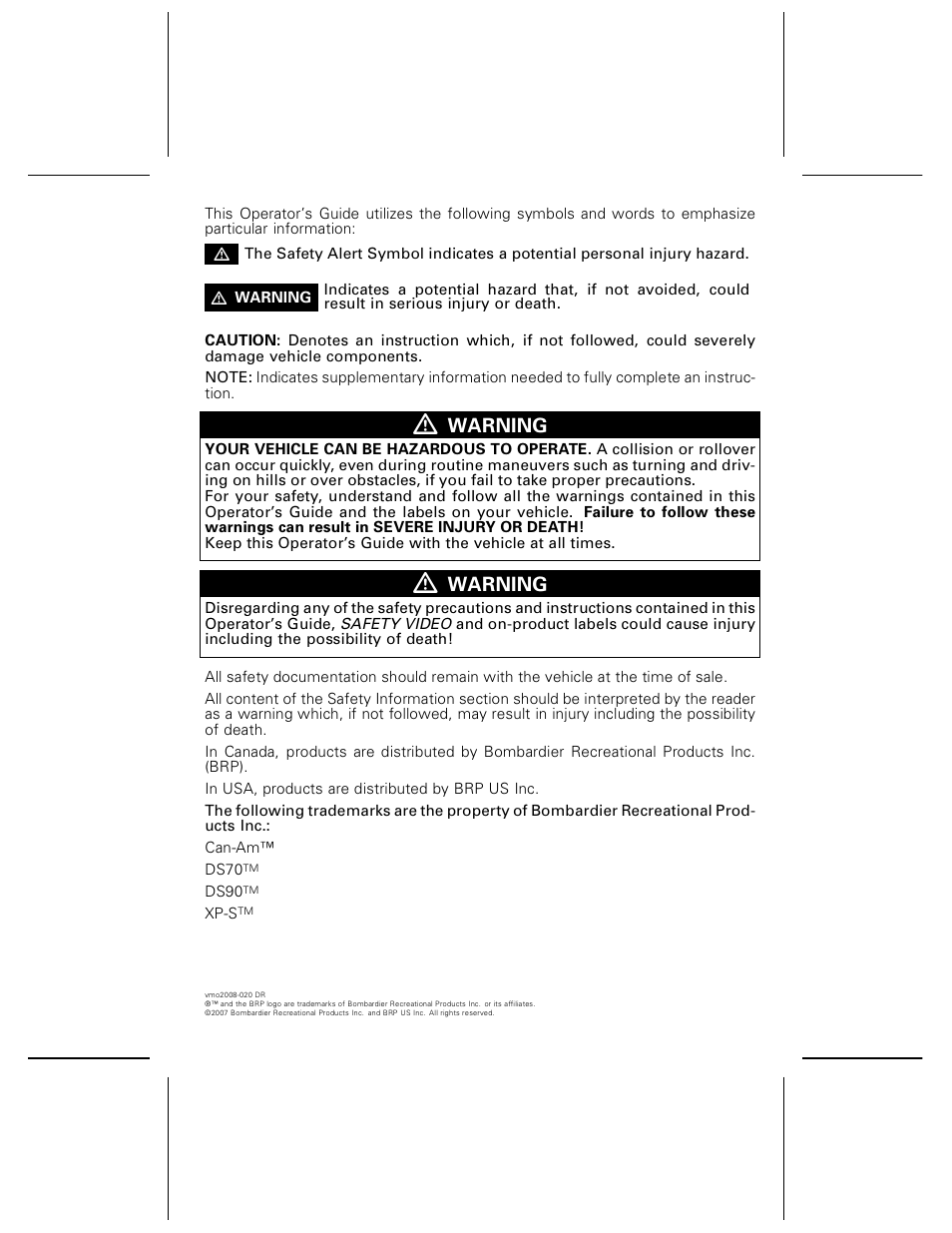 Warning | BRP DS70 User Manual | Page 2 / 140