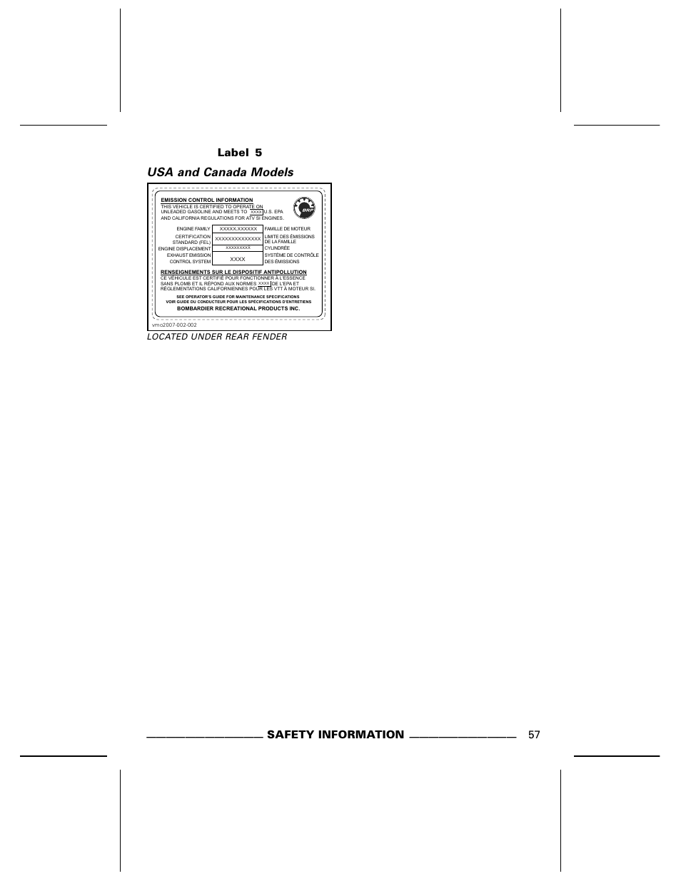 Usa and canada models, Label 5, Safety information | BRP DS70 User Manual | Page 59 / 140