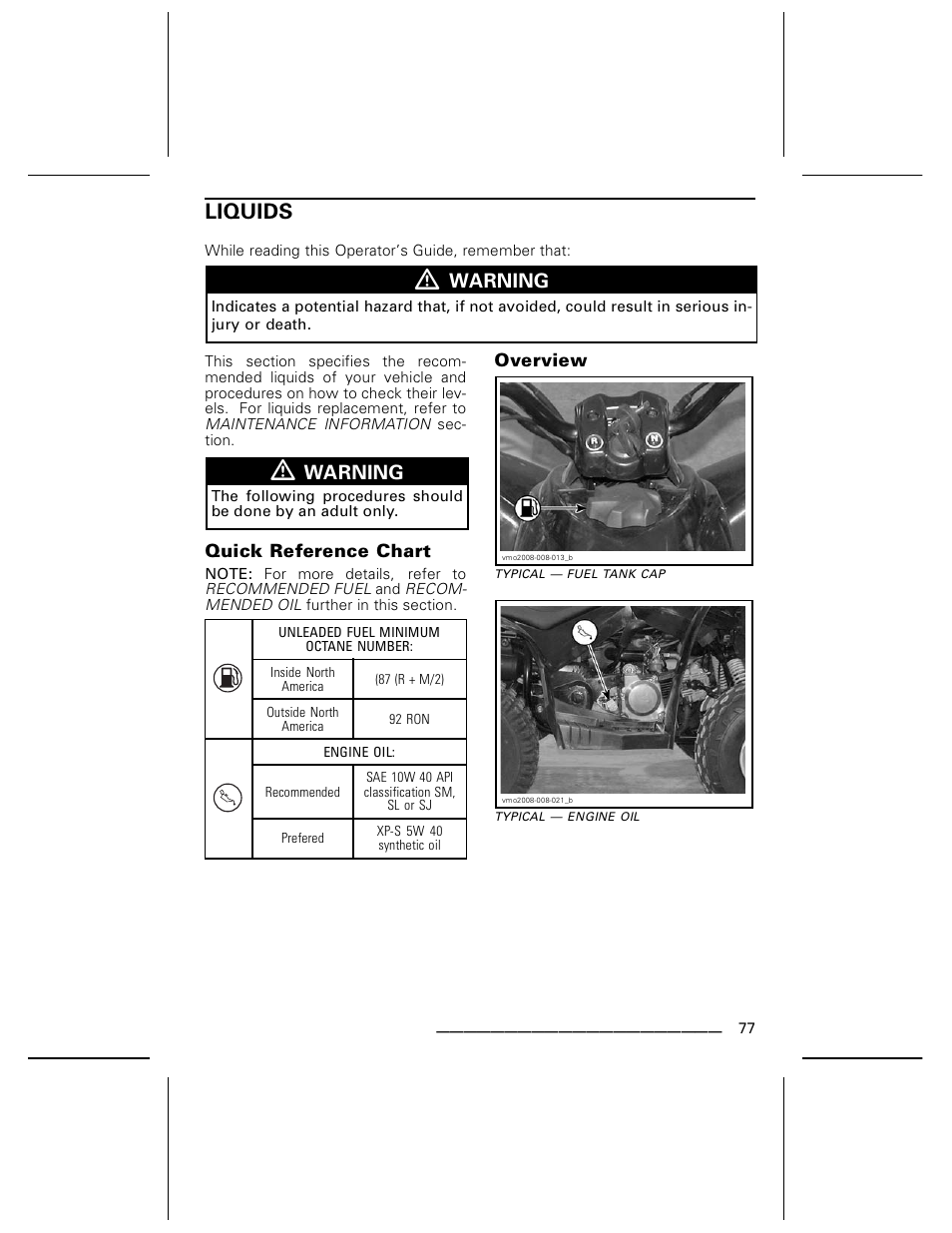 Liquids, Quick reference chart, Overview | Warning | BRP DS70 User Manual | Page 79 / 140