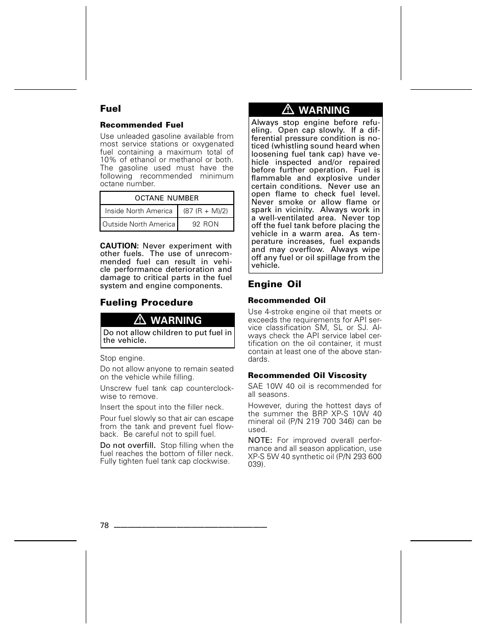 Fuel, Recommended fuel, Fueling procedure | Engine oil, Recommended oil, Recommended oil viscosity | BRP DS70 User Manual | Page 80 / 140