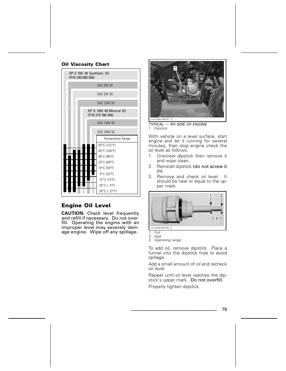 Oil viscosity chart, Engine oil level | BRP DS70 User Manual | Page 81 / 140