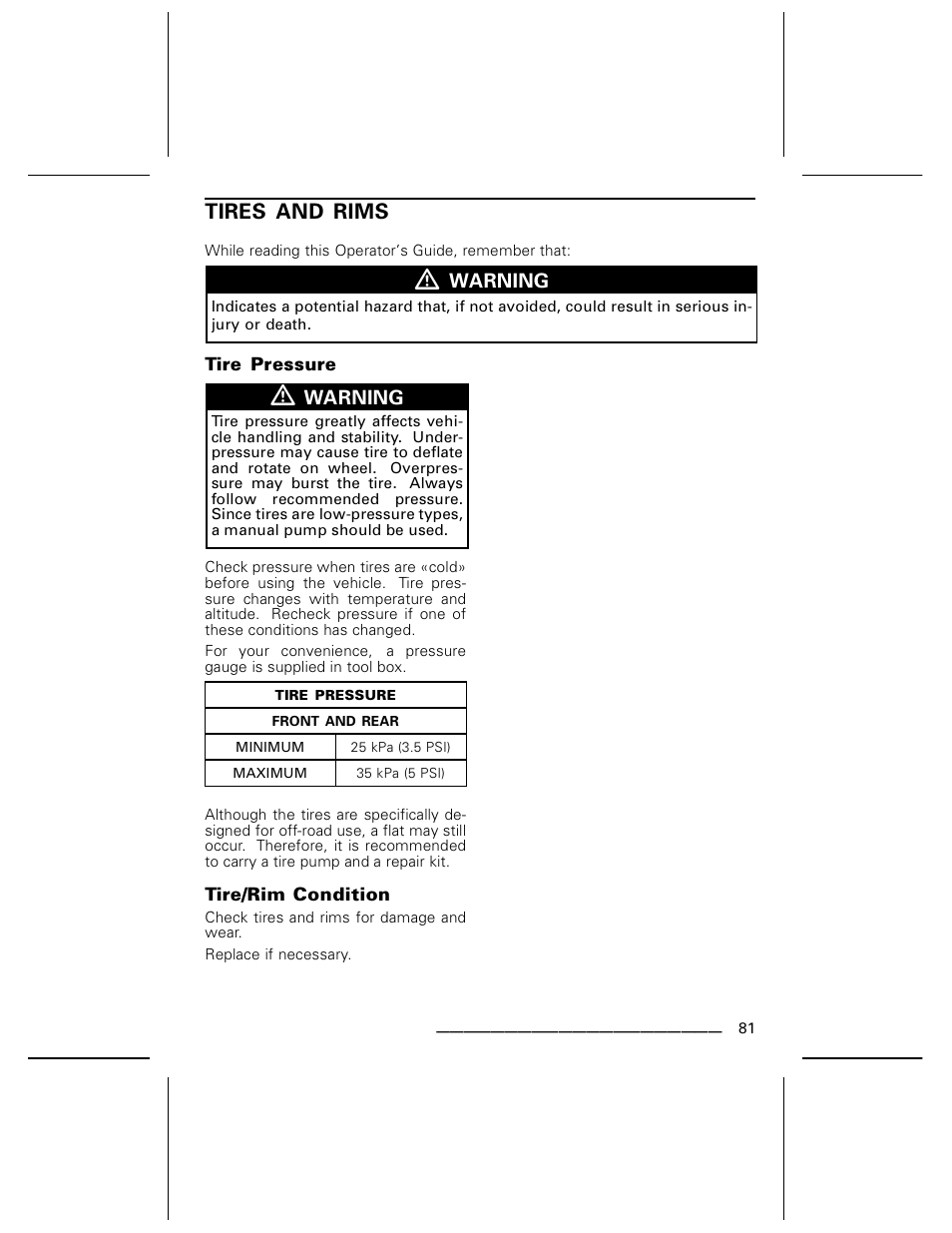 Tires and rims, Tire pressure, Tire/rim condition | BRP DS70 User Manual | Page 83 / 140