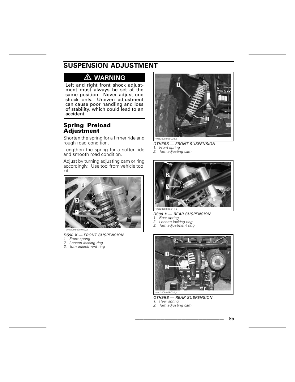Suspension adjustment, Spring preload adjustment, Warning | BRP DS70 User Manual | Page 87 / 140