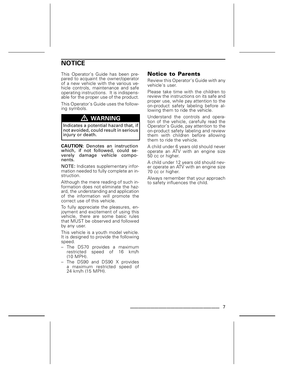 Notice, Notice to parents | BRP DS70 User Manual | Page 9 / 140