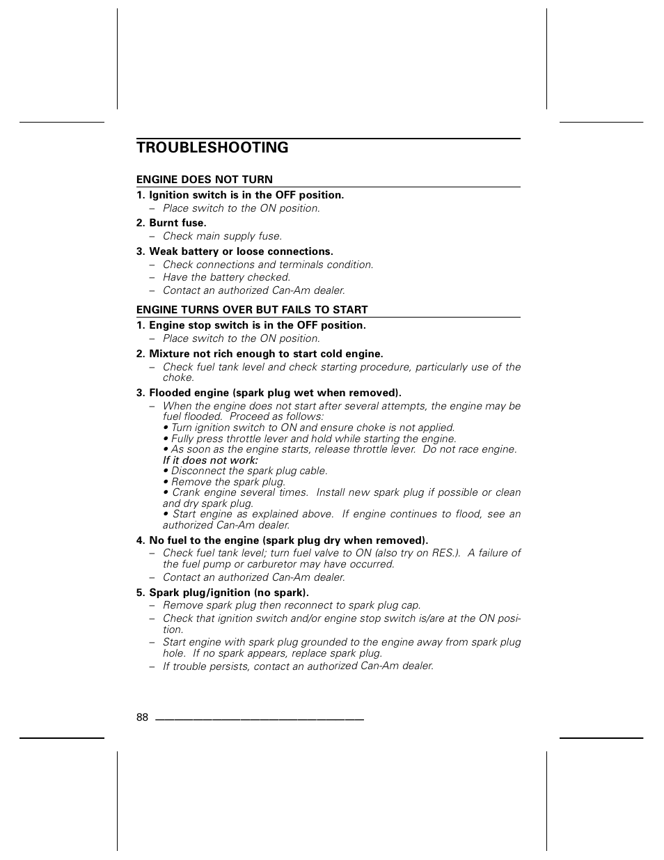 Troubleshooting, Engine does not turn, Engine turns over but fails to start | BRP DS70 User Manual | Page 90 / 140