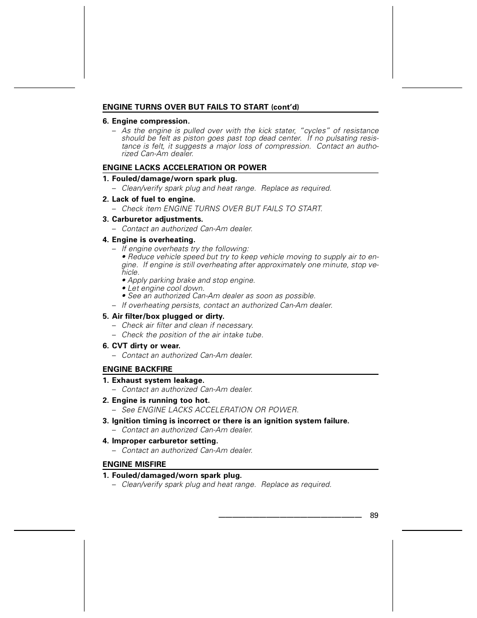 Engine lacks acceleration or power, Engine backfire, Engine misfire | BRP DS70 User Manual | Page 91 / 140