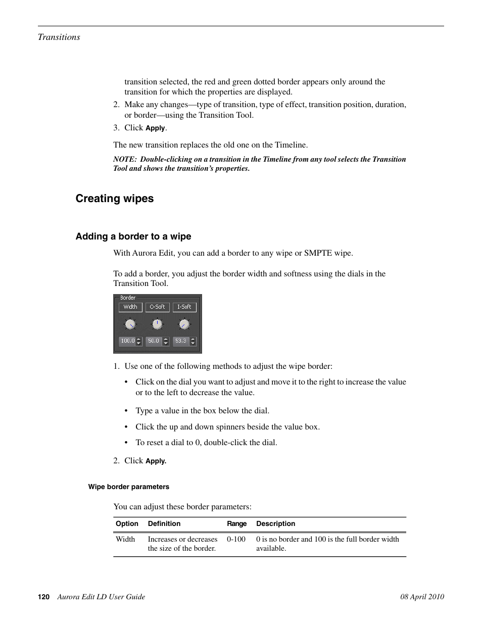 Creating wipes, Adding a border to a wipe, Wipe border parameters | Grass Valley Aurora Edit LD v.7.0 User Manual | Page 120 / 228