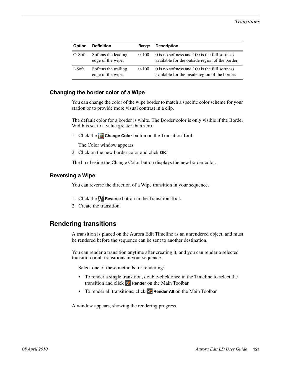 Changing the border color of a wipe, Reversing a wipe, Rendering transitions | Grass Valley Aurora Edit LD v.7.0 User Manual | Page 121 / 228