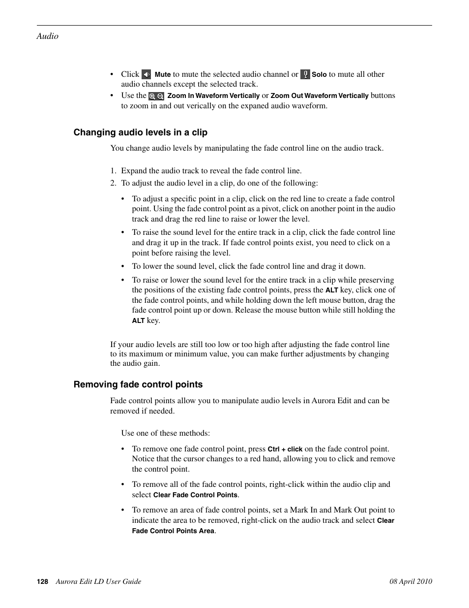 Changing audio levels in a clip, Removing fade control points | Grass Valley Aurora Edit LD v.7.0 User Manual | Page 128 / 228