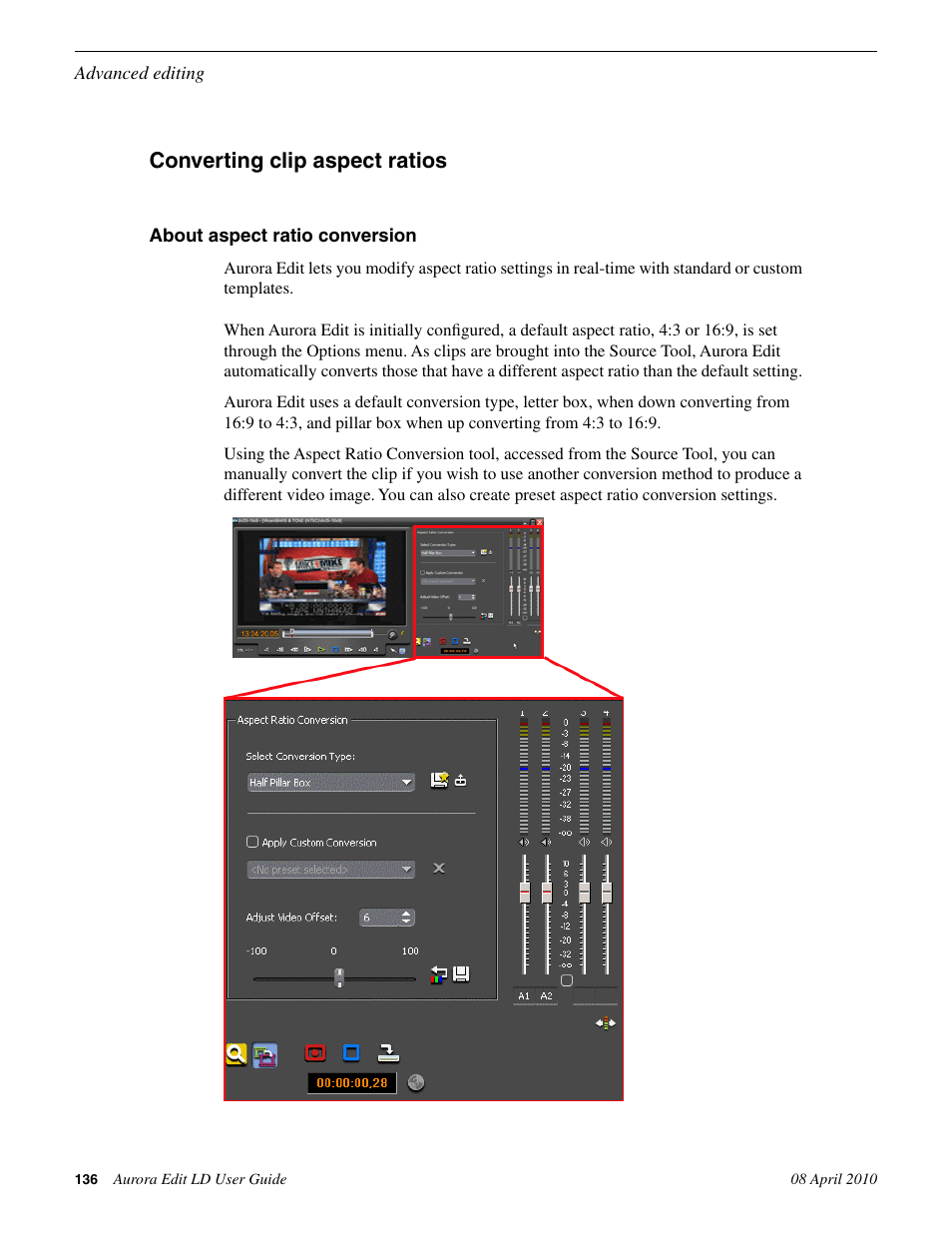 Converting clip aspect ratios, About aspect ratio conversion | Grass Valley Aurora Edit LD v.7.0 User Manual | Page 136 / 228