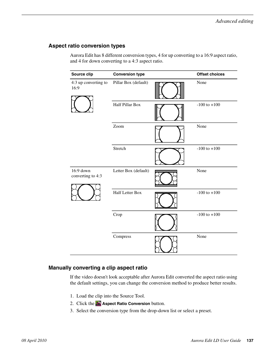 Aspect ratio conversion types, Manually converting a clip aspect ratio | Grass Valley Aurora Edit LD v.7.0 User Manual | Page 137 / 228