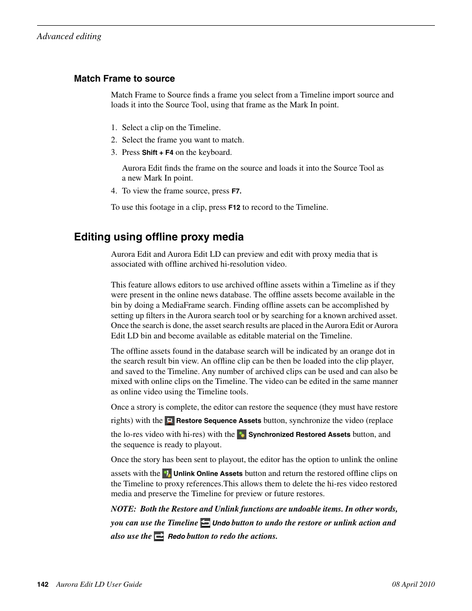 Match frame to source, Editing using offline proxy media | Grass Valley Aurora Edit LD v.7.0 User Manual | Page 142 / 228