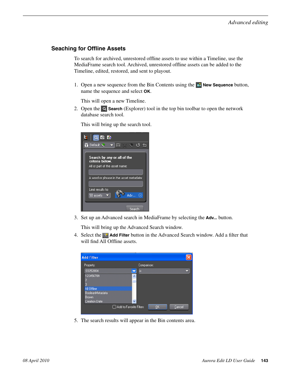 Seaching for offline assets | Grass Valley Aurora Edit LD v.7.0 User Manual | Page 143 / 228