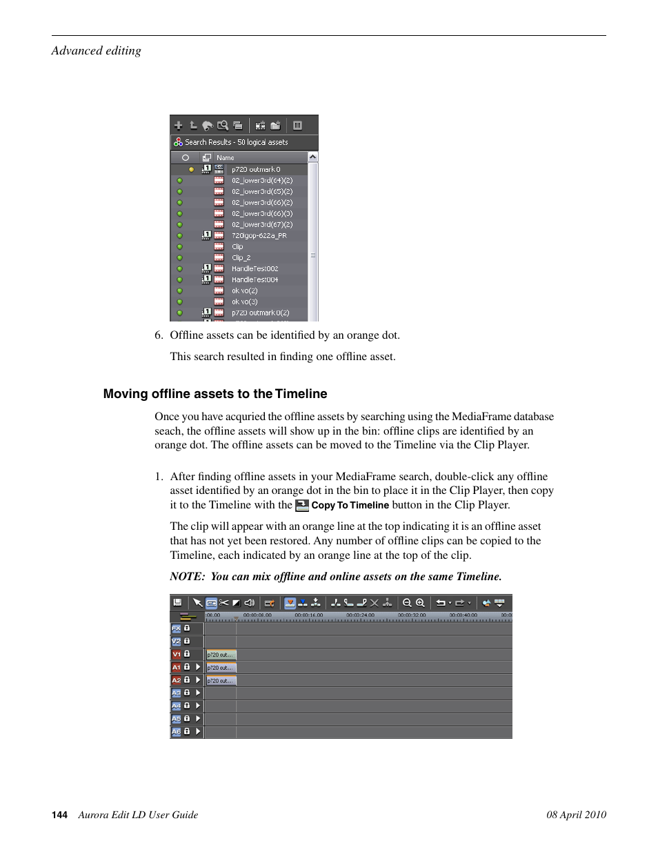 Moving offline assets to the timeline | Grass Valley Aurora Edit LD v.7.0 User Manual | Page 144 / 228