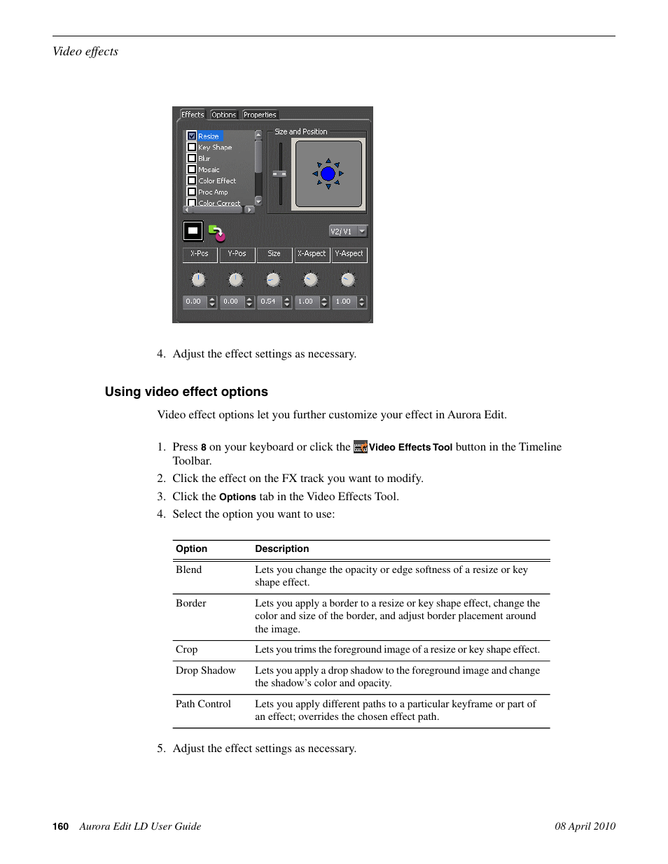 Using video effect options | Grass Valley Aurora Edit LD v.7.0 User Manual | Page 160 / 228