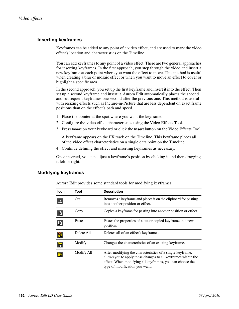 Inserting keyframes, Modifying keyframes, Inserting keyframes modifying keyframes | Grass Valley Aurora Edit LD v.7.0 User Manual | Page 162 / 228