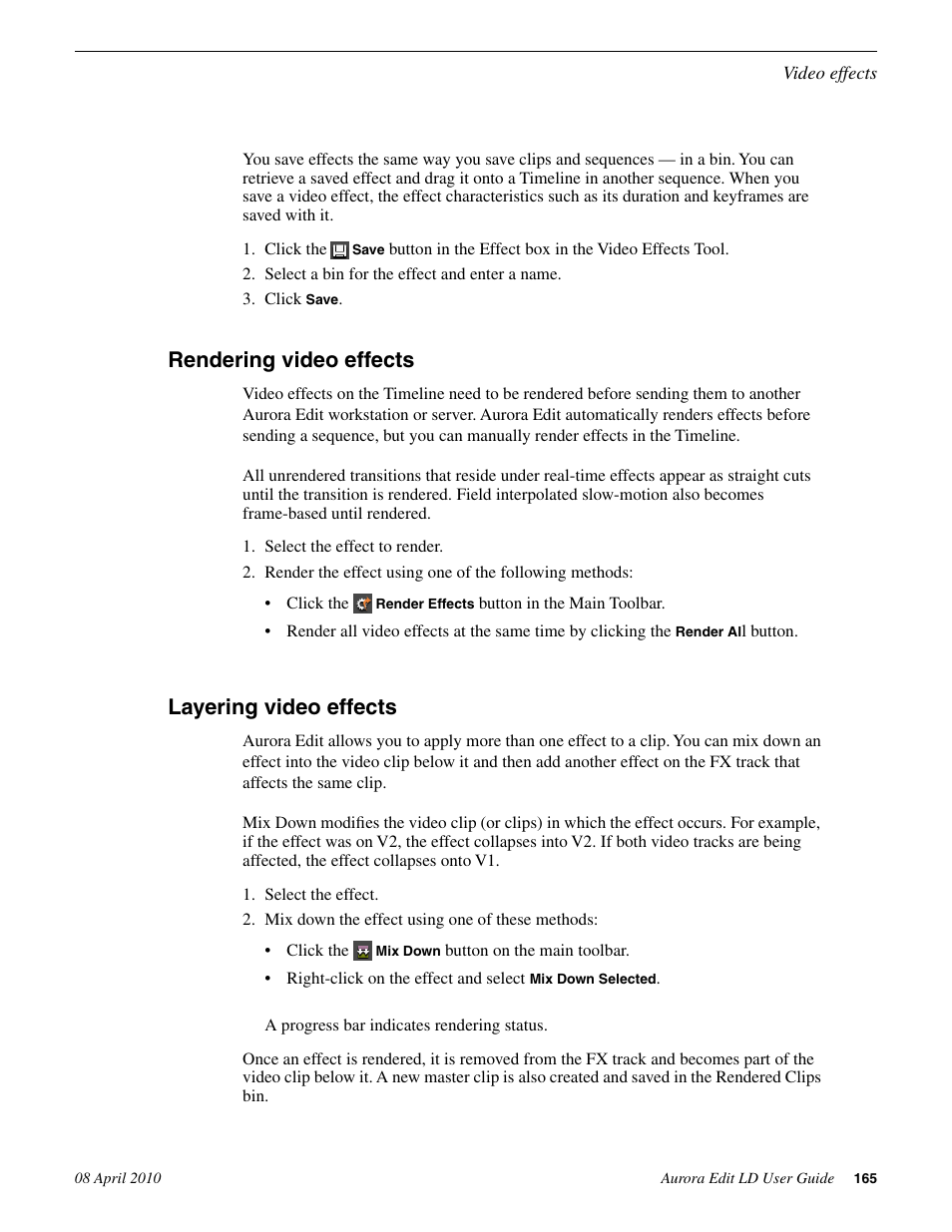 Rendering video effects, Layering video effects, Rendering video effects layering video effects | Grass Valley Aurora Edit LD v.7.0 User Manual | Page 165 / 228