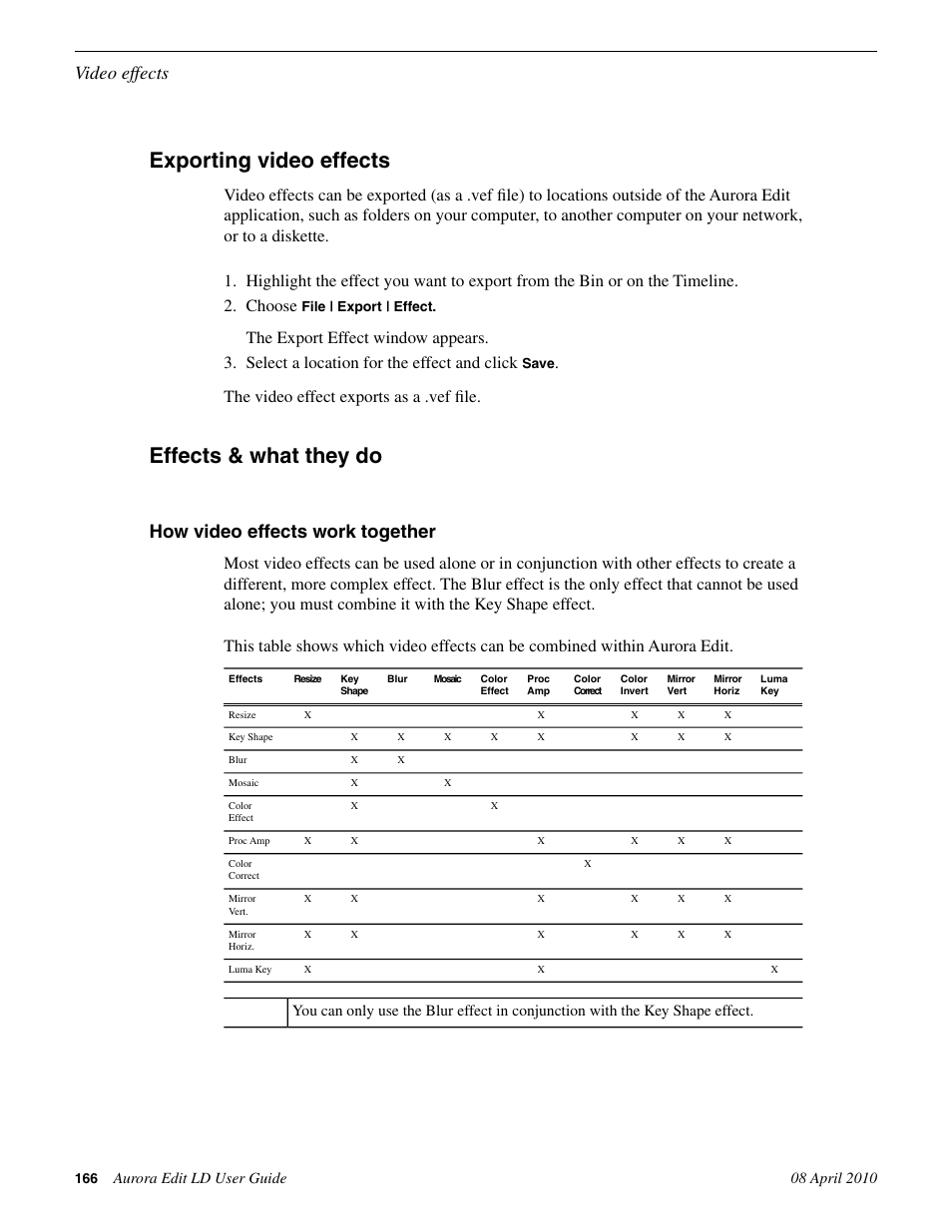 Exporting video effects, Effects & what they do, How video effects work together | Exporting video effects effects & what they do, Video effects, The video effect exports as a .vef file | Grass Valley Aurora Edit LD v.7.0 User Manual | Page 166 / 228
