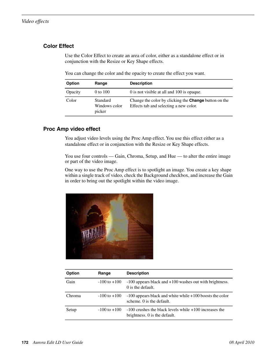 Color effect, Proc amp video effect, Color effect proc amp video effect | Grass Valley Aurora Edit LD v.7.0 User Manual | Page 172 / 228