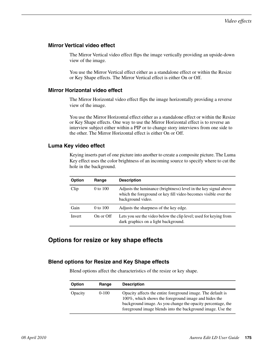 Mirror vertical video effect, Mirror horizontal video effect, Luma key video effect | Options for resize or key shape effects, Blend options for resize and key shape effects | Grass Valley Aurora Edit LD v.7.0 User Manual | Page 175 / 228