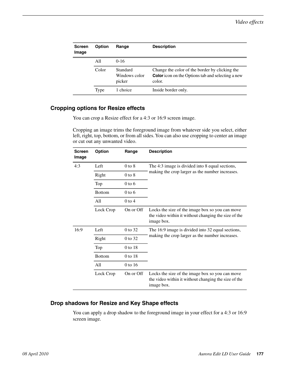 Cropping options for resize effects, Drop shadows for resize and key shape effects | Grass Valley Aurora Edit LD v.7.0 User Manual | Page 177 / 228