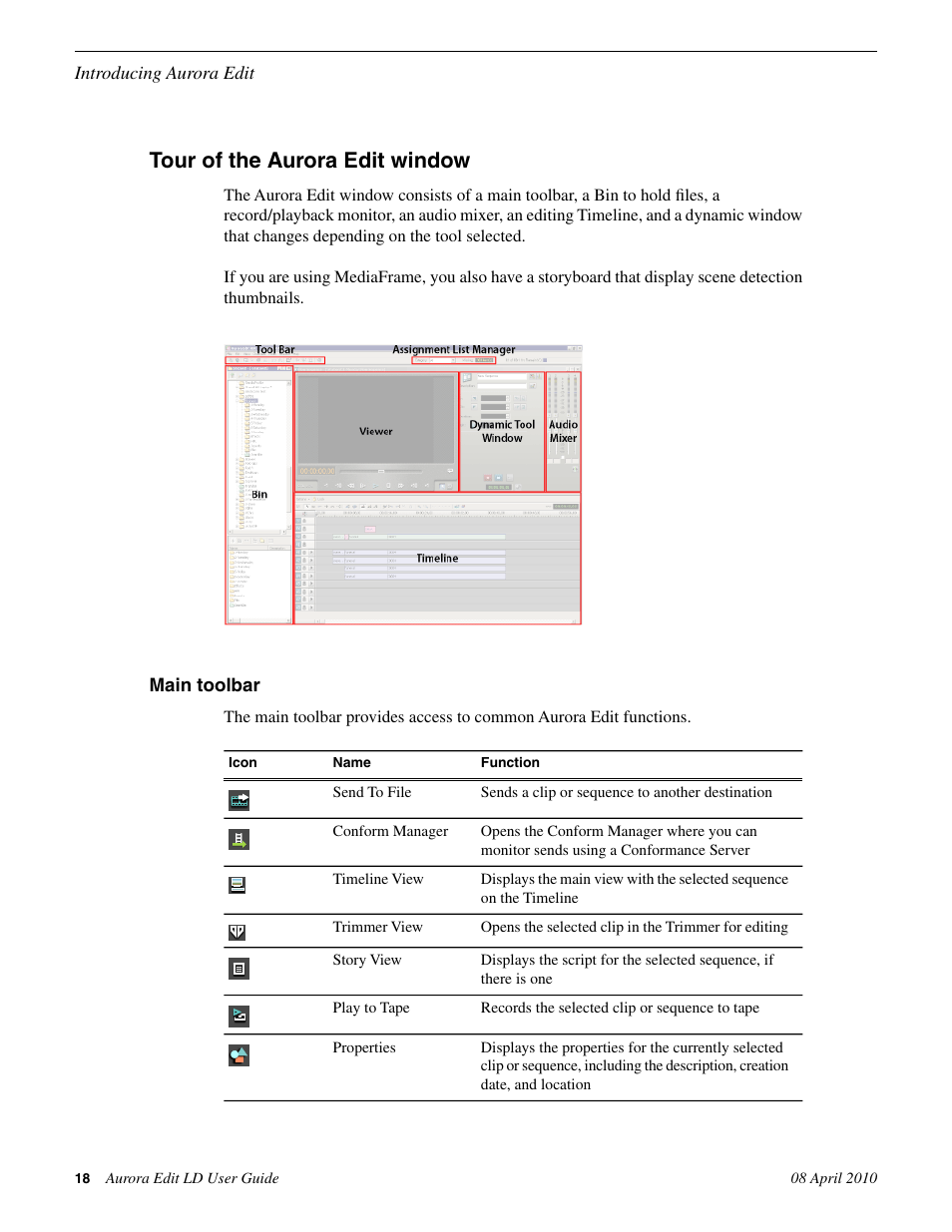 Tour of the aurora edit window, Main toolbar | Grass Valley Aurora Edit LD v.7.0 User Manual | Page 18 / 228