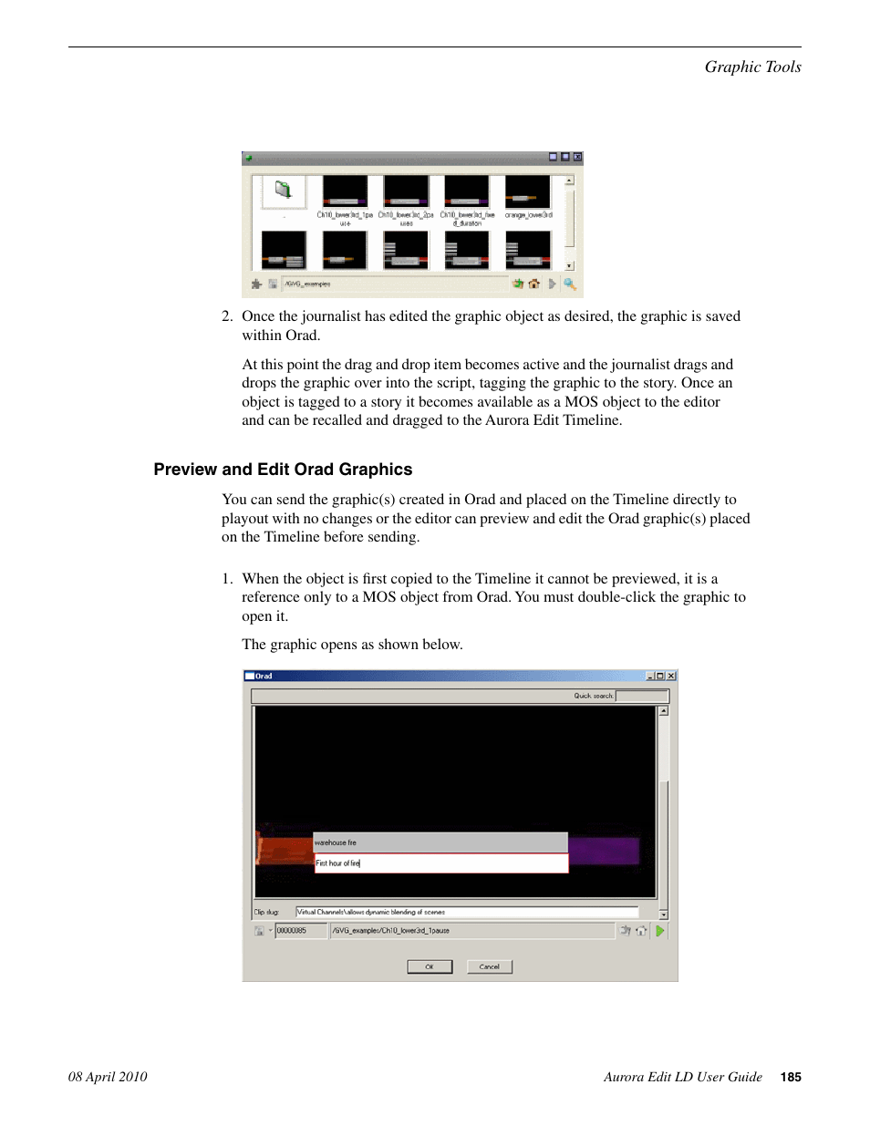 Preview and edit orad graphics | Grass Valley Aurora Edit LD v.7.0 User Manual | Page 185 / 228